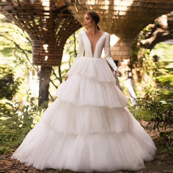 Wedding Dresses Long Sleeves Sweep Train Sleeveless Tiered Tulle Custom Made Robes De Mariée