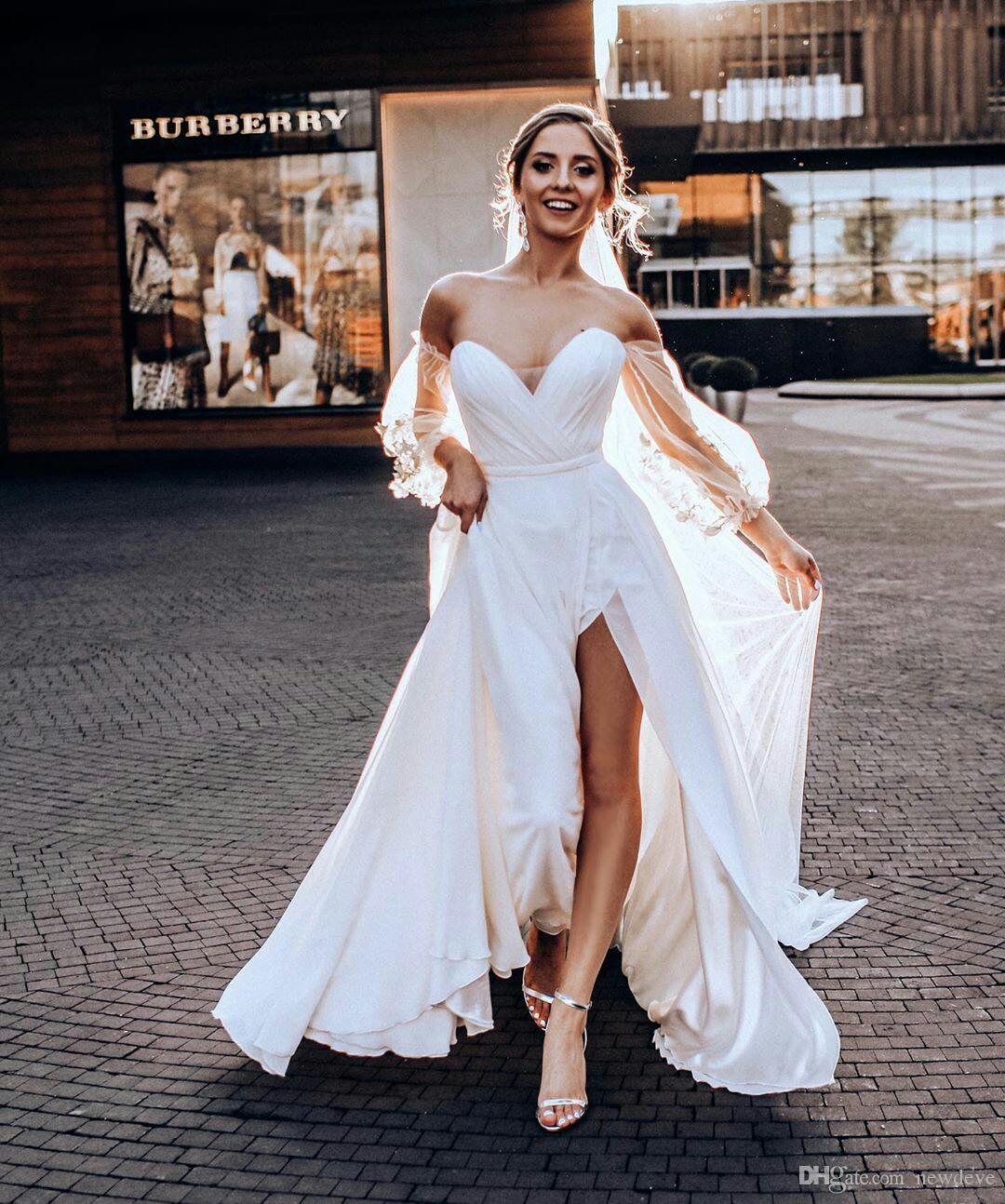 Sweetheart Long Sleeves Split Lace Chiffon A-Line Wedding Dress TANYA BRIDAL Sweetheart Long Sleeves Split Lace Chiffon A-Line Wedding Dress TANYA BRIDAL