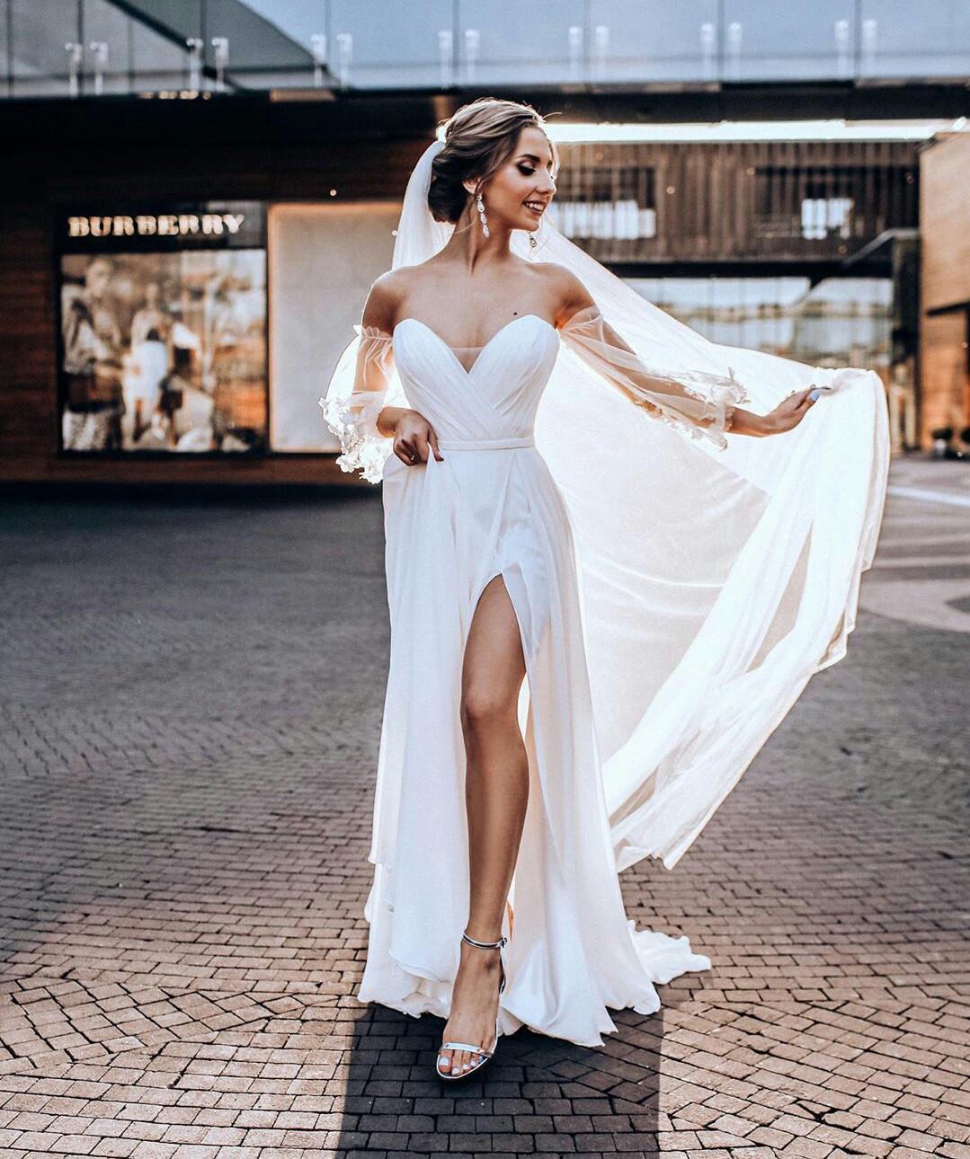 Sweetheart Long Sleeves Split Lace Chiffon A-Line Wedding Dress TANYA BRIDAL Sweetheart Long Sleeves Split Lace Chiffon A-Line Wedding Dress TANYA BRIDAL