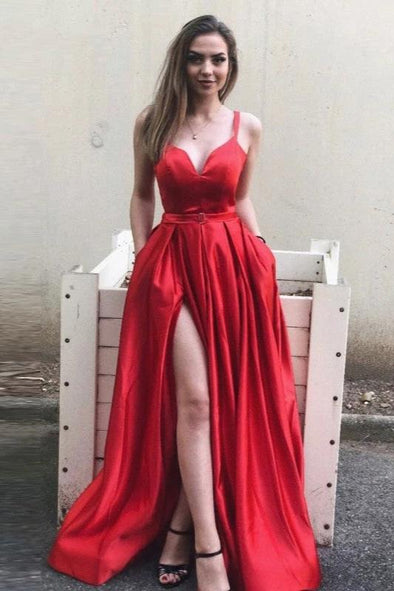 A Line Red Burgundy Satin Long Prom Dresses With Pockets