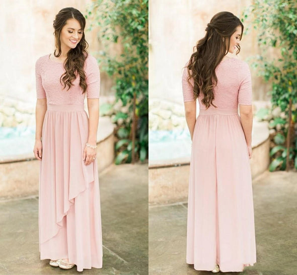 Rose Dusty Lace Chiffon Long Modest Bridesmaid Dresses