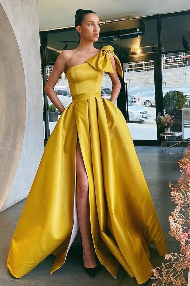One Shoulder Gold A Line Prom Dresses Sexy High Slit TANYA BRIDAL One Shoulder Gold A Line Prom Dresses Sexy High Slit TANYA BRIDAL