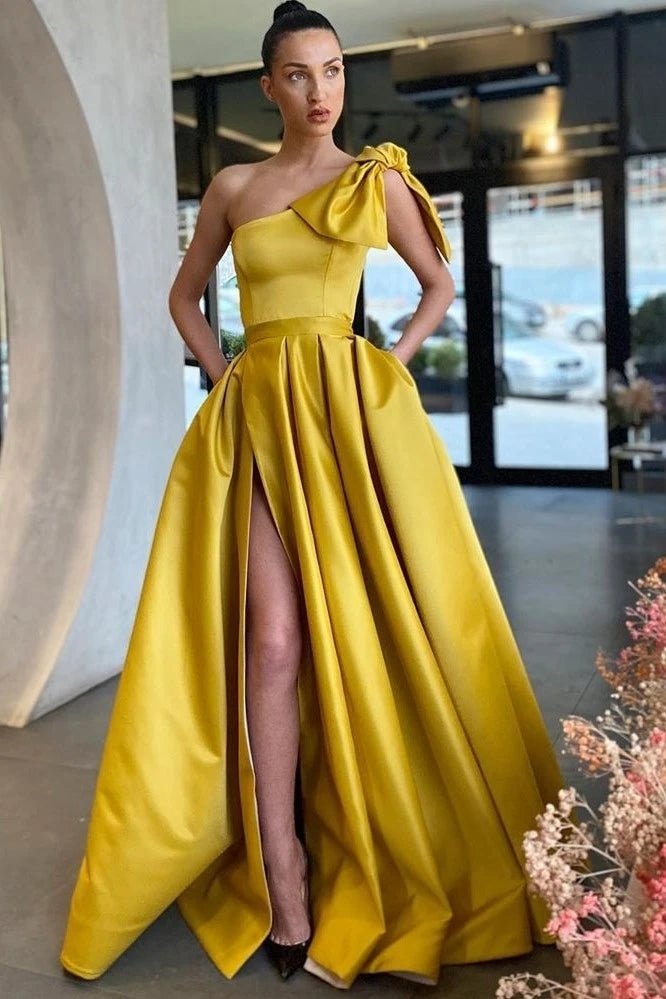 One Shoulder Gold A Line Prom Dresses Sexy High Slit TANYA BRIDAL One Shoulder Gold A Line Prom Dresses Sexy High Slit TANYA BRIDAL