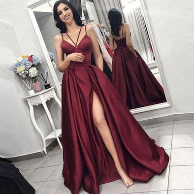 Burgundy Satin Long Prom Dresses