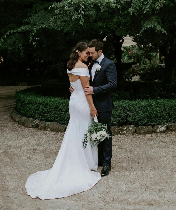 Simple Satin Mermaid Wedding Dresses Off Shoulder Hollow Back