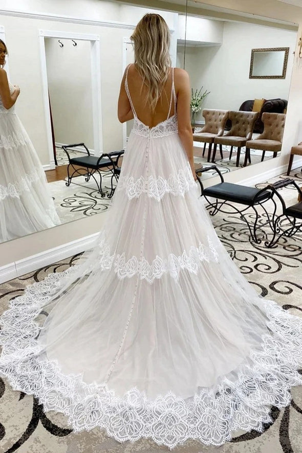 Modest A Line Backless Ivory Lace Bohemian Wedding Dresses