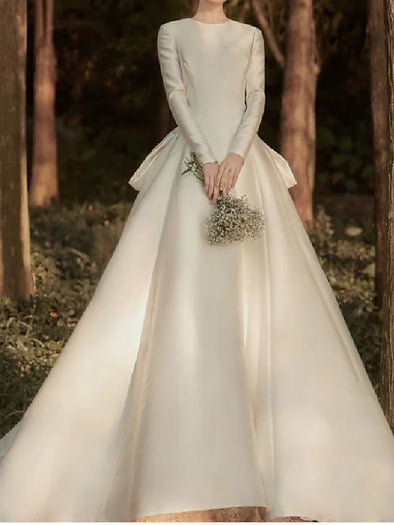 A-Line Wedding Dresses Jewel Neck Court Train Satin Long Sleeve