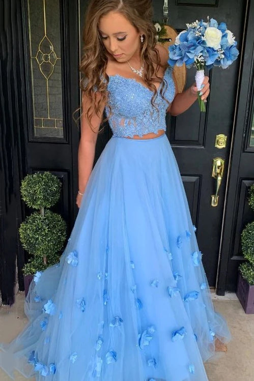 Two Piece Blue Prom Dress Off-The-Shoulder A Line Long Graduation Gown – TANYA BRIDAL