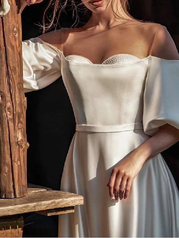 A-Line Pearls Wedding Dresses Off Shoulder Short Sleeve