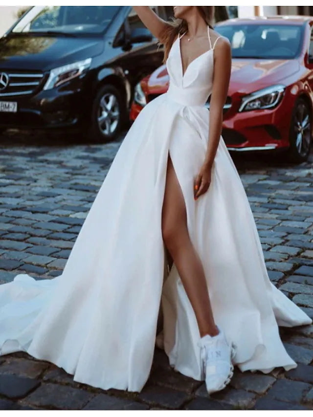 A-Line Wedding Dresses V Neck Sleeveless Luxurious with Split Front TANYA BRIDAL A-Line Wedding Dresses V Neck Sleeveless Luxurious with Split Front TANYA BRIDAL