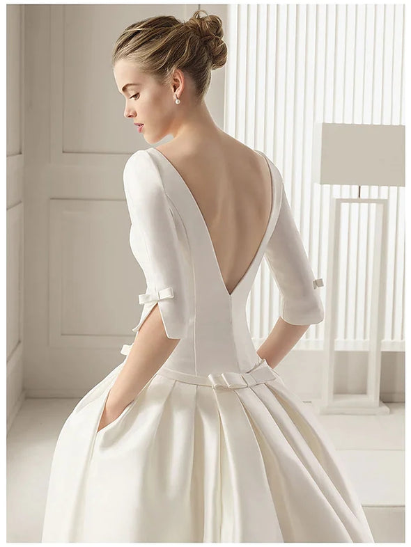 A-Line Wedding Dresses Satin Half Sleeve with Bow(s) Pleats
