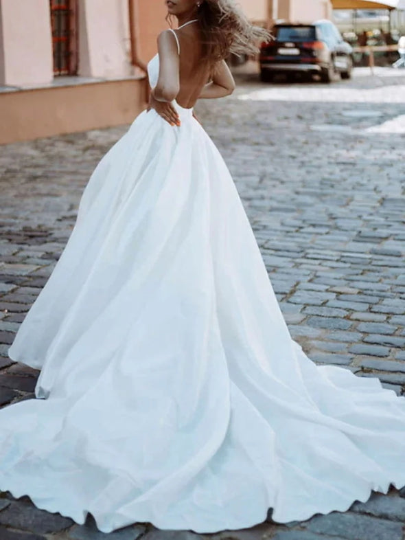A-Line Wedding Dresses V Neck Sleeveless Luxurious with Split Front
