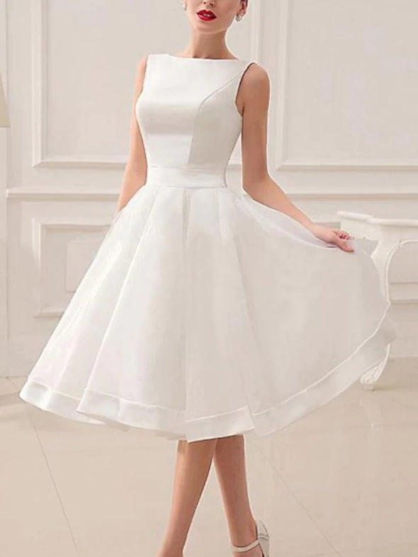 A-Line Wedding Dresses Jewel Neck Short / Mini Satin Sleeveless with Bow(s)