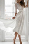 A-Line Wedding Dresses V Neck Asymmetrical Tea Length Vintage 1950s with Pleats