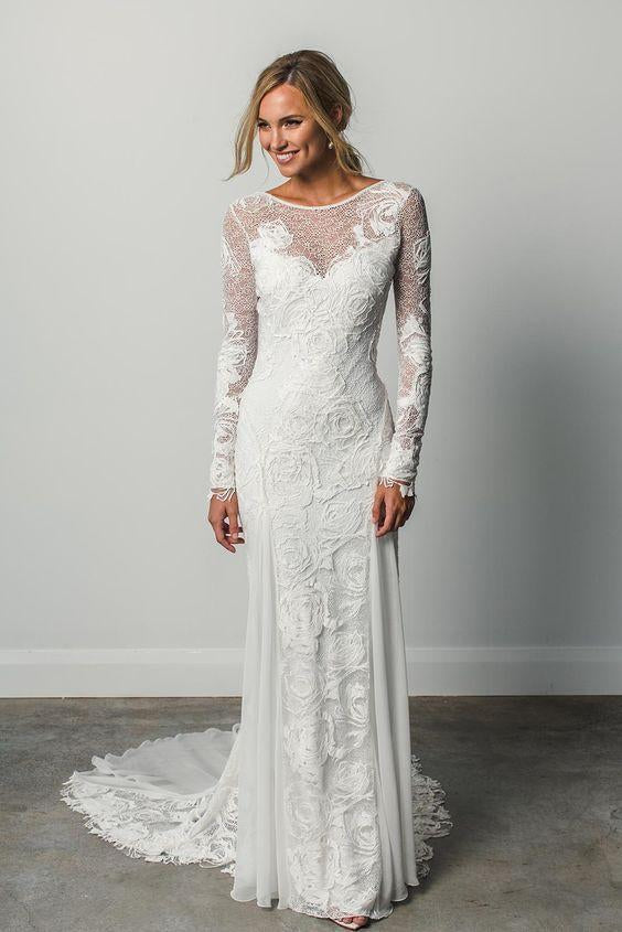 Long Sleeves Sheath Ivory Rose Lace Backless Wedding Dress - Long Sleeves Sheath Ivory Rose Lace Backless Wedding Dress -