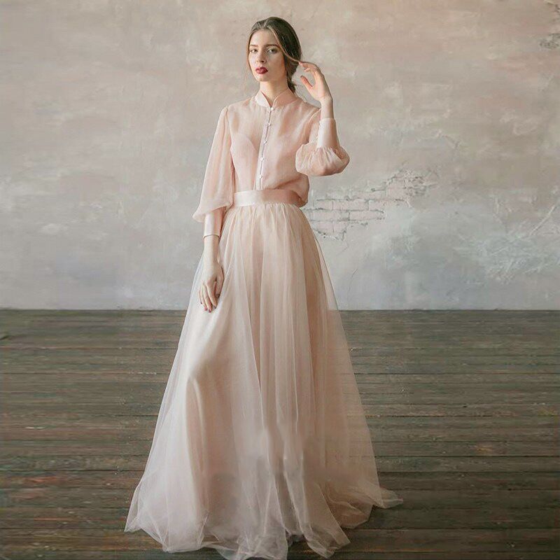Boho Wedding Dress Long Sleeves A Line Champagne Tulle Princess Bride TANYA BRIDAL Boho Wedding Dress Long Sleeves A Line Champagne Tulle Princess Bride TANYA BRIDAL