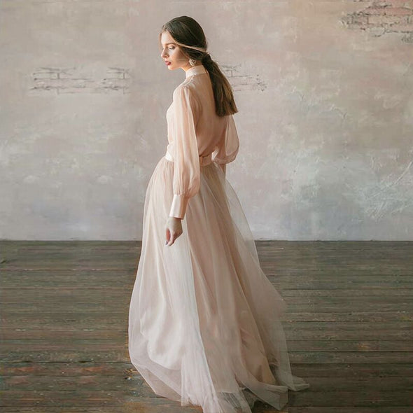 Boho Wedding Dress Long Sleeves A Line Champagne Tulle Princess Bride Dress