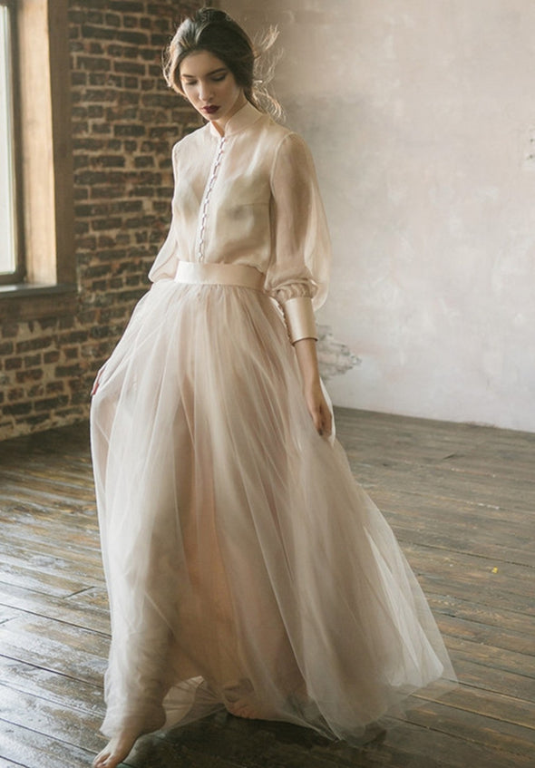 Boho Wedding Dress Long Sleeves A Line Champagne Tulle Princess Bride Dress