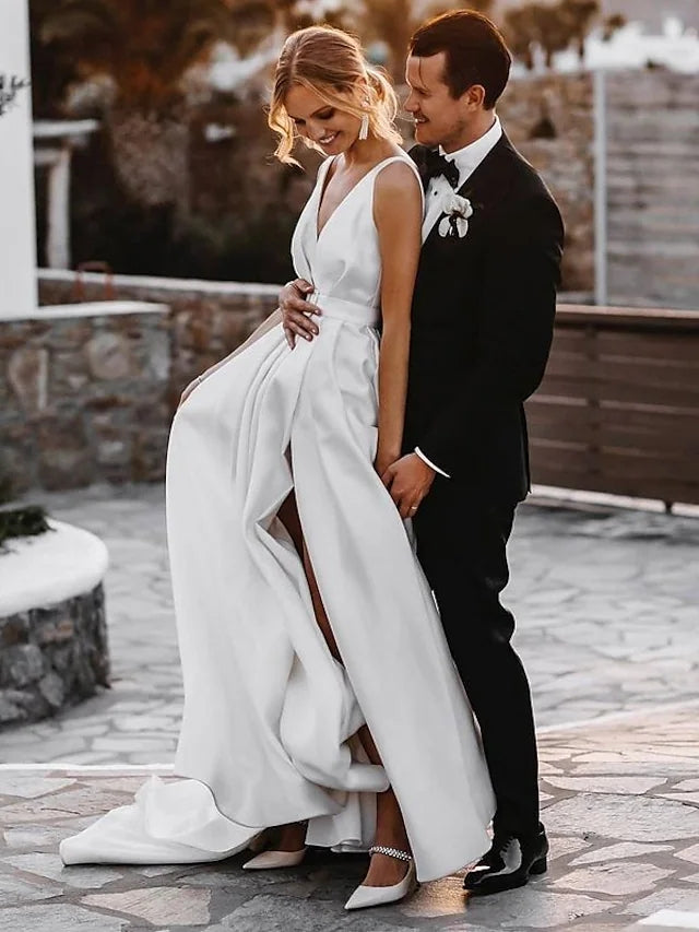 A-Line Wedding Dresses V Neck Simple Sexy with Sashes / Ribbons Split TANYA BRIDAL A-Line Wedding Dresses V Neck Simple Sexy with Sashes / Ribbons Split TANYA BRIDAL
