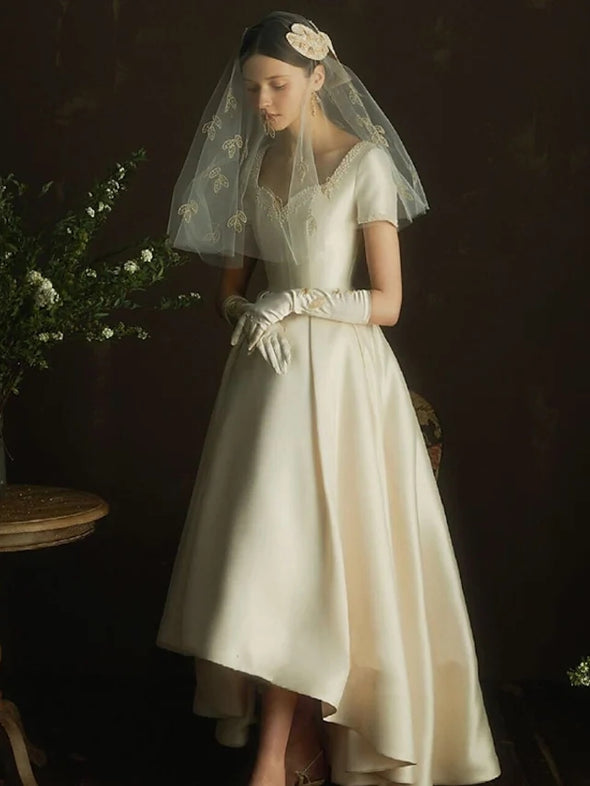 A-Line Wedding Dresses Tea Length Short Sleeve Vintage with Beading