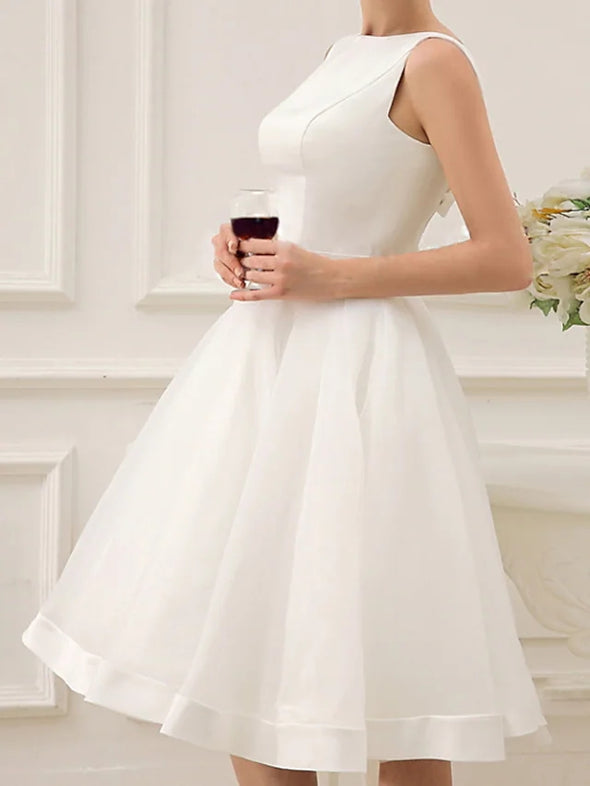 A-Line Wedding Dresses Jewel Neck Short / Mini Satin Sleeveless with Bow(s)