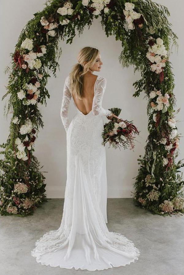 Long Sleeves Sheath Ivory Rose Lace Backless Wedding Dress TANYA BRIDAL Long Sleeves Sheath Ivory Rose Lace Backless Wedding Dress TANYA BRIDAL