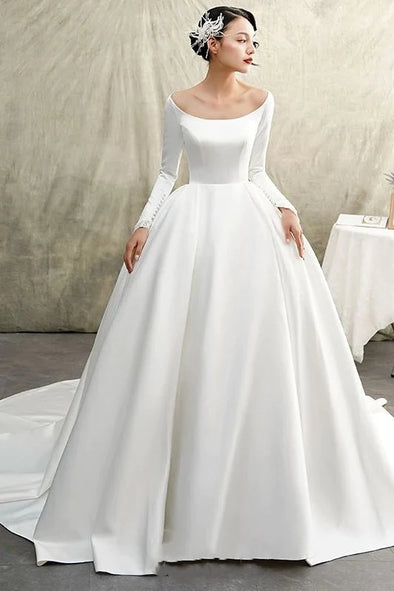Long Sleeves Ball Gown Satin Wedding Bridal Dress