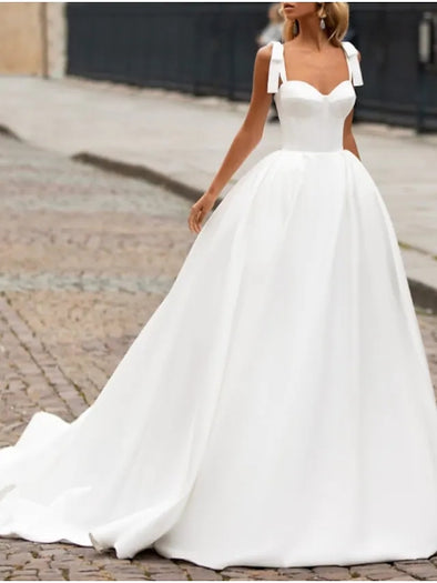 A-Line Wedding Dresses Sweetheart Neckline Sweep / Brush Train Satin