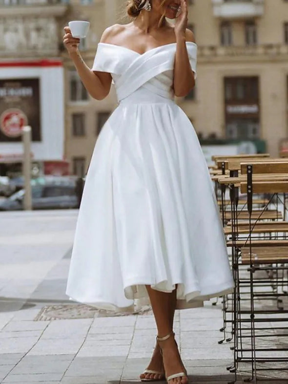 A-Line Wedding Dresses Off Shoulder Knee Length Satin Short Sleeve