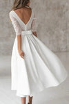 A-Line Wedding Dresses V Neck Asymmetrical Tea Length Vintage 1950s with Pleats