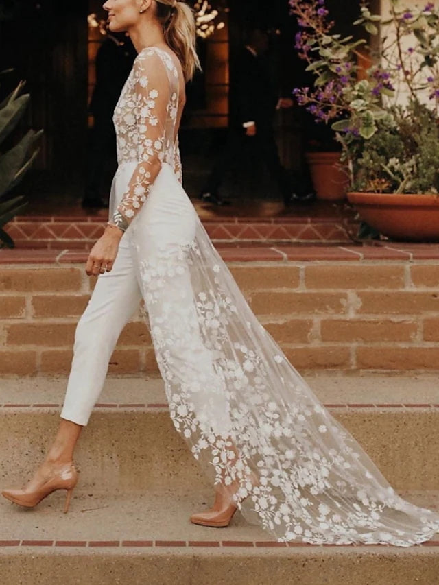 Long Lace Wedding Bridal Cape With Train Shawl Full Illusion Sleeves Embroidery Bolero Bride Jacket Accessories Long Lace Wedding Bridal Cape With Train Shawl Full Illusion Sleeves Embroidery Bolero Bride Jacket Accessories