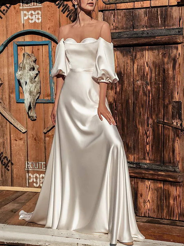 A-Line Pearls Wedding Dresses Off Shoulder Short Sleeve – TANYA BRIDAL A-Line Pearls Wedding Dresses Off Shoulder Short Sleeve – TANYA BRIDAL