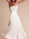 A-Line Wedding Dresses V Neck Tea Length Satin Spaghetti Strap