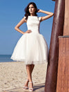 A-Line Wedding Dresses Knee Length Satin Tulle Vintage Plus Size Cute with Draping