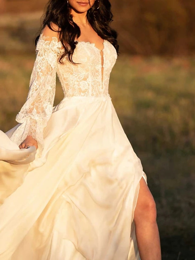 A-Line Wedding Dresses Off Shoulder Long Sleeve with Lace Insert TANYA BRIDAL A-Line Wedding Dresses Off Shoulder Long Sleeve with Lace Insert TANYA BRIDAL