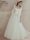 A-Line Wedding Dresses Square Neck Half Sleeves Ruffles