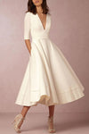 A-Line Short Wedding Dresses V Neck Tea Length Satin Half Sleeve