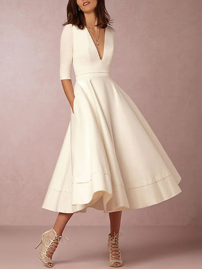 A-Line Short Wedding Dresses V Neck Tea Length Satin Half Sleeve